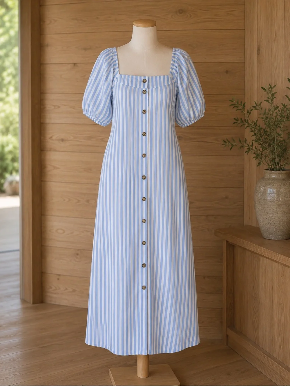 J. Crew Blue Stripes Milkmaid Cottagecore Coquette Puff Sleeve Midi Dress